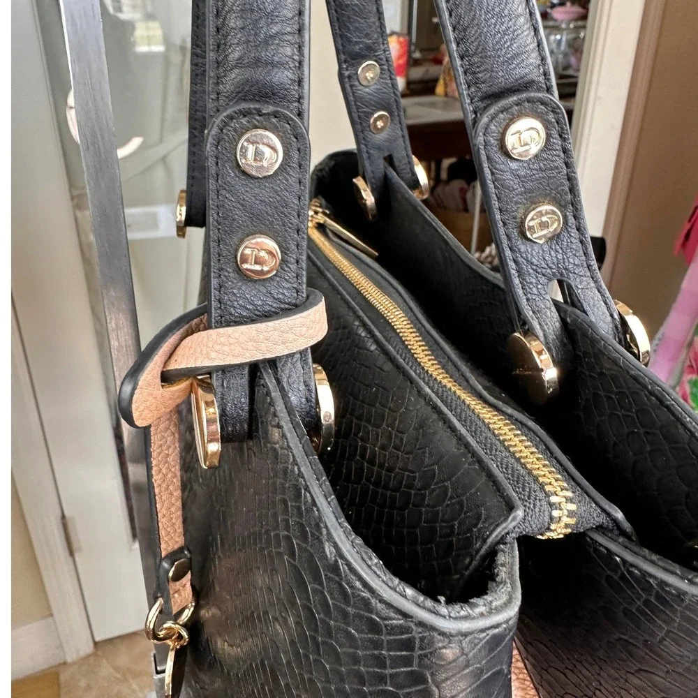 Dune London Tote Bag Medium Black Snakeskin Blush Pink Structured Logo,medallion